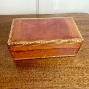Leather Wrapped Box Early 20th C., Lg w/ Interior wood dividers